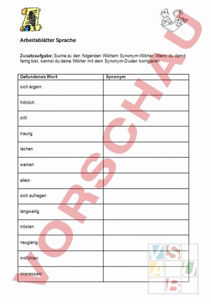 Arbeitsblatt Synonym Tabellen Deutsch Wortschatz