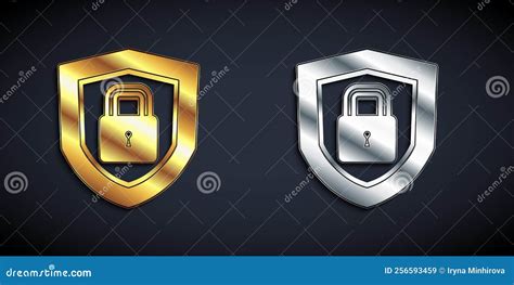 Gold And Silver Shield Security With Lock Icon Isolated On Black Background Protection Safety