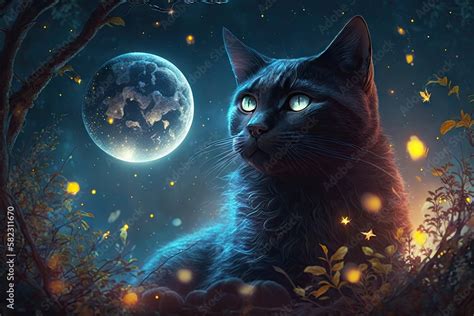 witch black cat on the full moon background Stock Illustration | Adobe ...