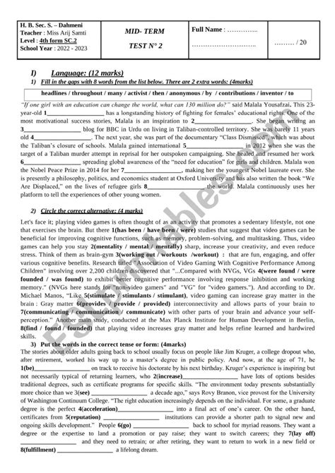 Mid Term Test Th Form Esl Worksheet By Areej Ben Mohamed