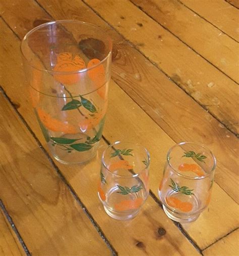 Vintage Orange Slices 3 Pc Set 2 Glasses Serving Pitcher Orange Slices Orange Vintage