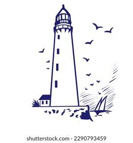 Seascape Lighthouse Hand Drawn Illustration Converted Stock Vector