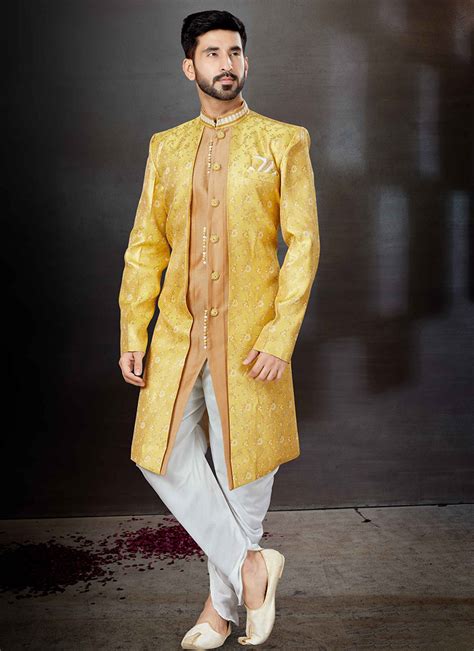 Buy Yellow Art Silk Jacquard Indowestern Sherwani Party Wear Online At