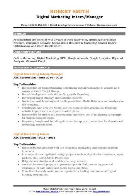 Digital Marketing Intern Resume Samples Qwikresume