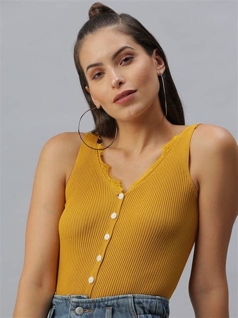 Buy Showoff Mustard Yellow And Urobilin Striped Crop Top Tops For Women