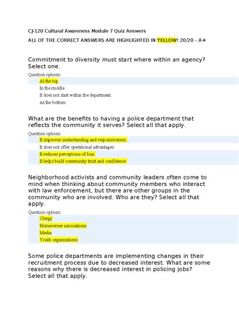 CJ 120 Module 7 Quiz Answers CJ 120 Cultural Awareness Module 7 Quiz