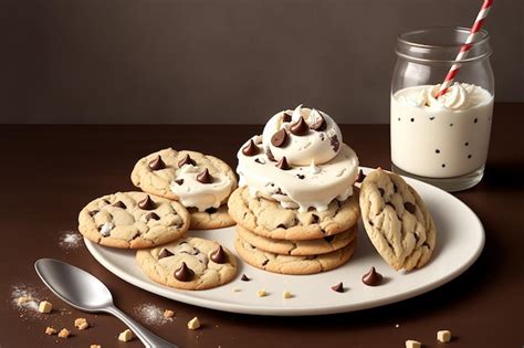 Un Plato De Galletas De Chispas De Chocolate Con Un Vaso De Leche Al