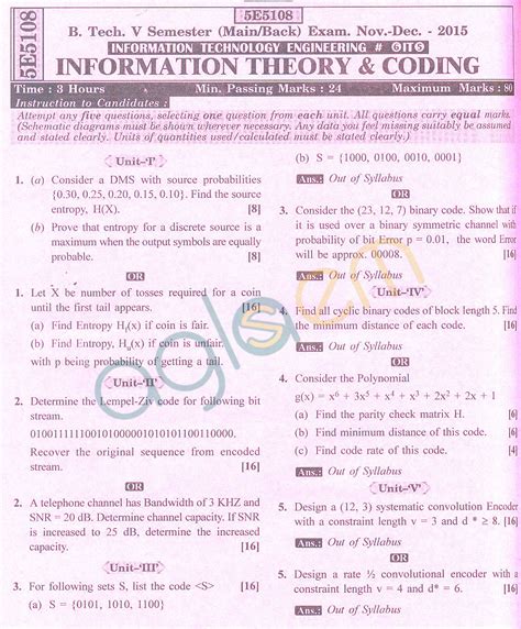 Rtu Question Papers 5 Semester Cs Information Theory And Coding