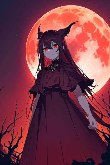 Premium Photo | Anime girl with red eyes and red moon in sky