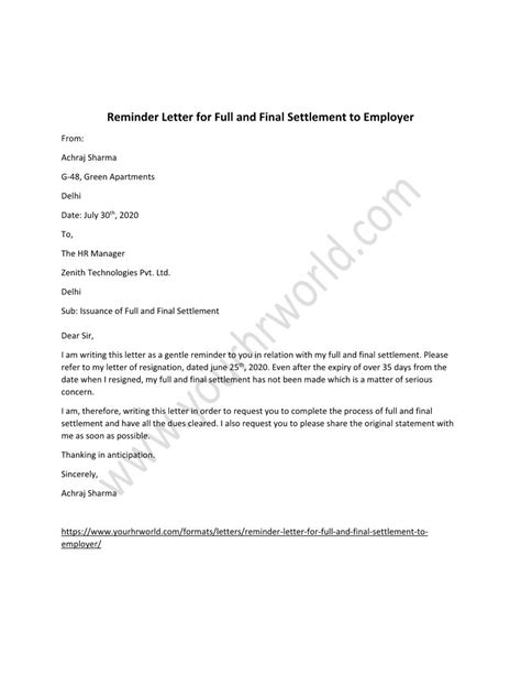 Reminder Letter For Full And Final Settlement To Employer