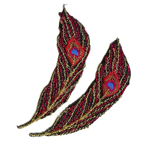 Peacock Feather Patches Medium Metallic Red Combo Embroidered Iron On