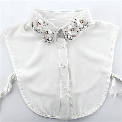 Women Beaded Rhinestone Collar White Chiffon Fake Detachable Collars