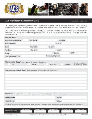 Fillable Online Cinematographer Org ACS Membership Application Form Fax