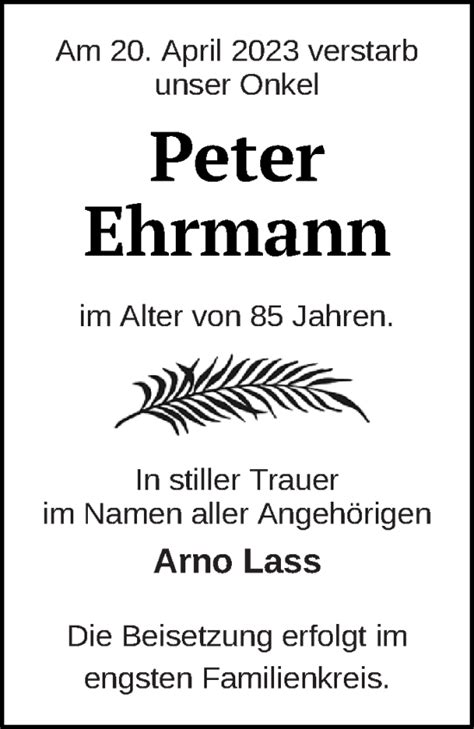 Traueranzeigen Von Peter Ehrmann Trauer Nordkurier