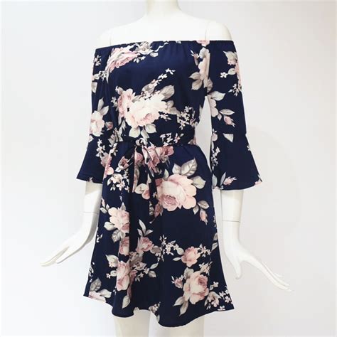 Free Shipping Women Dress 2019 Summer Sexy Off Shoulder Floral Print Chiffon Dress Boho Style