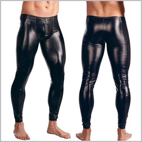 Mens Skin Tight Black Color Faux Latex Zipper Pouch Stretch Pants