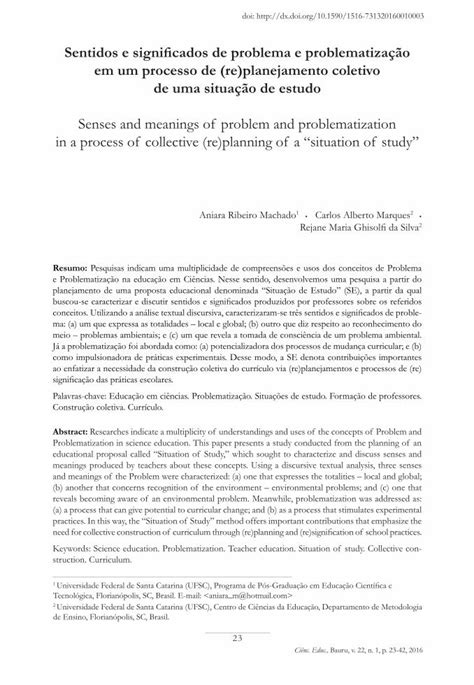 Pdf Sentidos E Significados De Problema E Problematiza O Em Um