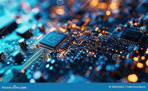 Technology Digital Binary Data On Microchip With Glow Circuit Board