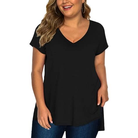 Amoretu Trendy Womens Plus Size V Neck Short Sleeve Long Low Cut Tops