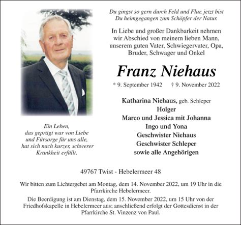 Traueranzeigen Von Franz Niehaus Noz Trauerportal