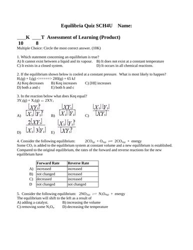 Quiz Equilibria Quiz Grade 12 Chemistry Sch4u Equilibrium Quiz With