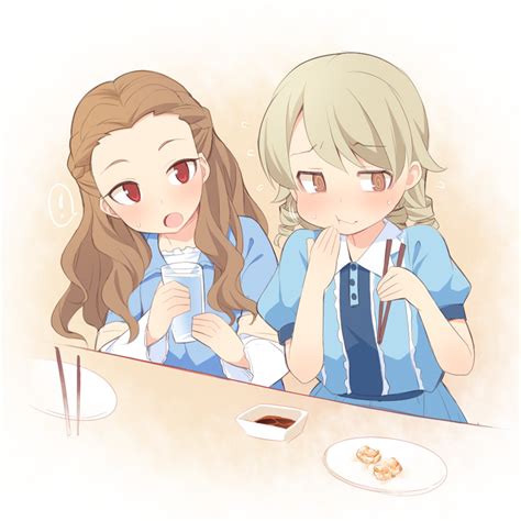 Safebooru 2girls O T Blue Dress Blush Brown Eyes Brown Hair Chopsticks Closed Mouth