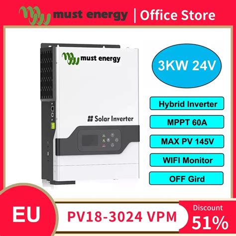 Must Energy Pv1800 Vpm 3kw 24v Home Hybrid Solar Inverter Mppt 60a Pv