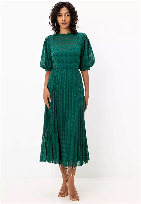 Asos Design Mock Neck Pleated Chevron Puff Sleeves Dobby Midi Dress