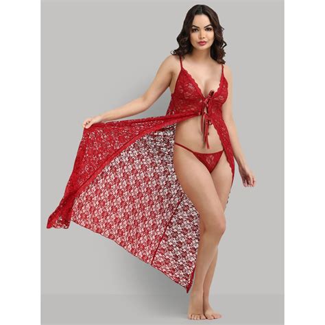 Shararat Womens Lace Babydoll Lingerie Nightwear Long Gown Maroon