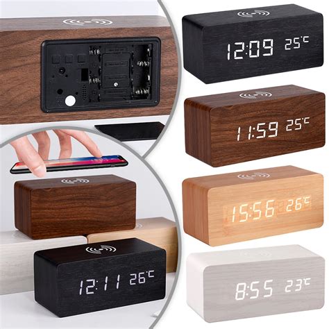 Modern Wooden Wood Digital Led Desk Alarm Clock Thermometer Wireless