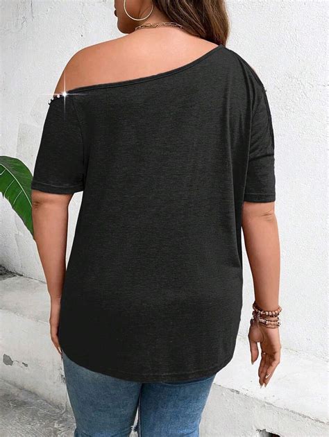 Shein Essnce Plus Pearls Beaded Cut Out Asymmetrical Neck Tee Shein Usa