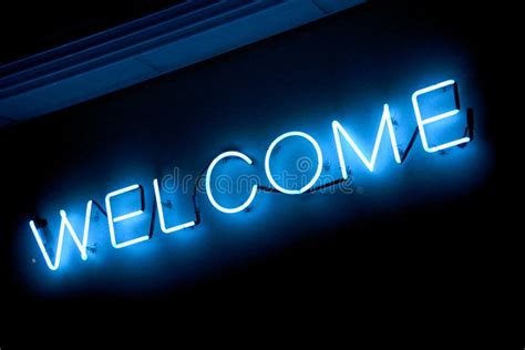 Neon Welcome sign. Illuminated blue neon welcome sign at night , #spon ...