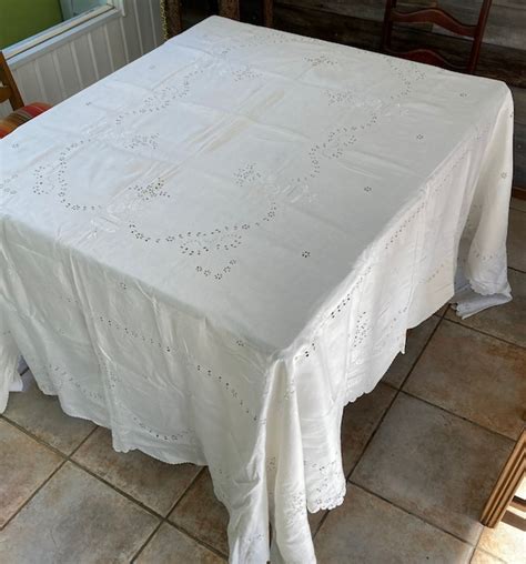 Embroidered White Tablecloth . White Tablecloth White on White - Etsy