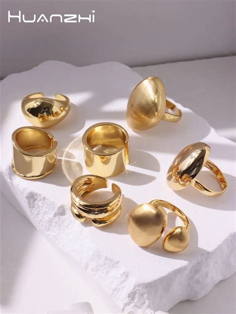 HUANZHI Gold Color Metal Rings For Girls Exaggerated Chunky Opening