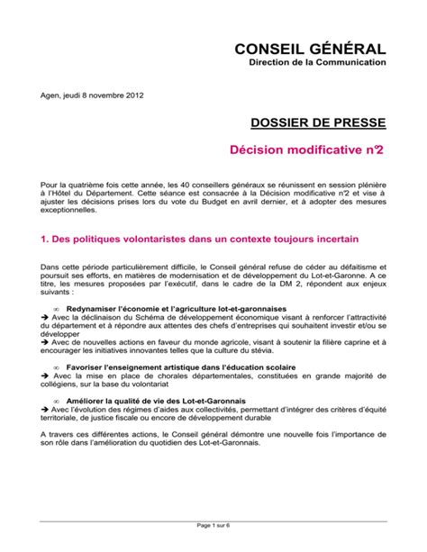 Le Dossier De Presse Relatif à La Décision Modificative N°2