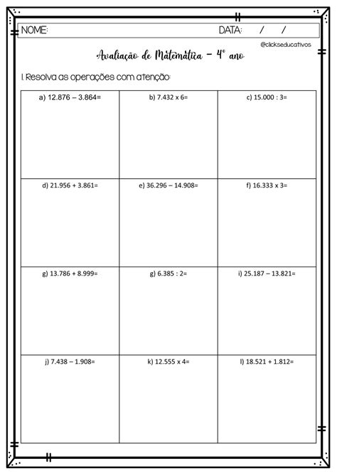 Avaliação de Matemática 4º ano