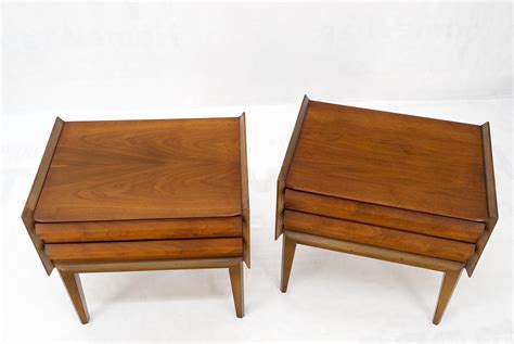 Pair Two Drawers Walnut Mid Century Modern End Side Night Stands Tables