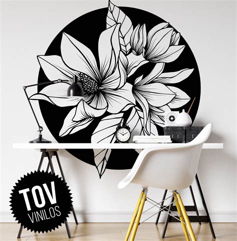 Vinilo Decorativo Magnolia Floral Blanco Y Negro Autoadhesivo Wall