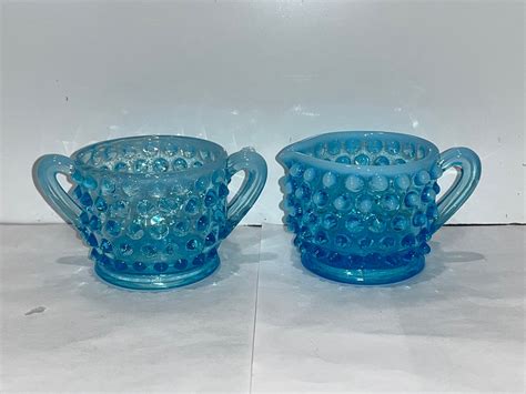 Set Of Vintage Fenton Hobnail Cream Sugar Fenton Opalescent Turquoise Sugar Bowl Fenton