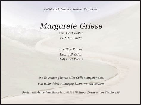 Traueranzeigen Von Margarete Griese Sich Erinnern De