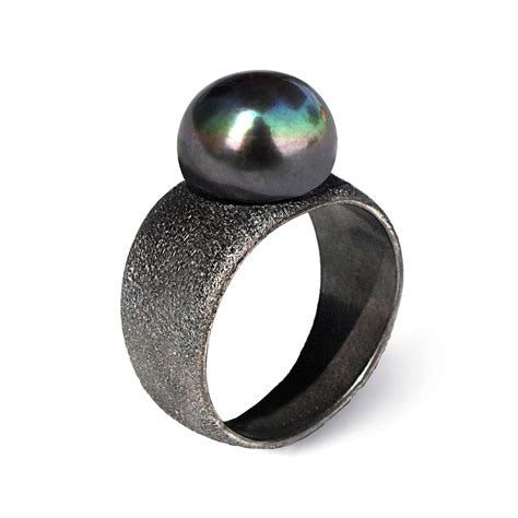 PURE BLACK Pearl Ring Black Ring Band Black Silver Ring - Etsy