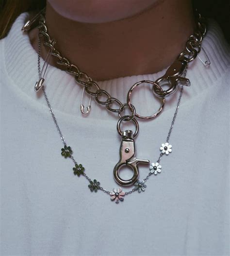 Silver Chain Necklace With Flowers And Safety Pins Grunge Aesthetic