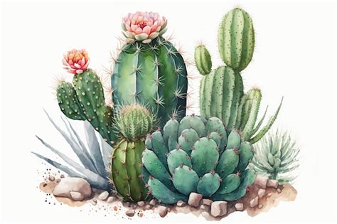 Conjunto De Suculentas De Cactus Verde Acuarela Sobre Fondo Blanco Dibujo A Mano Ilustración De