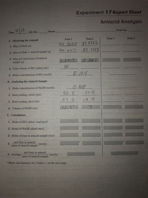 Solved Experiment 17 Report Sheet Antacid Analysis Desk No Chegg