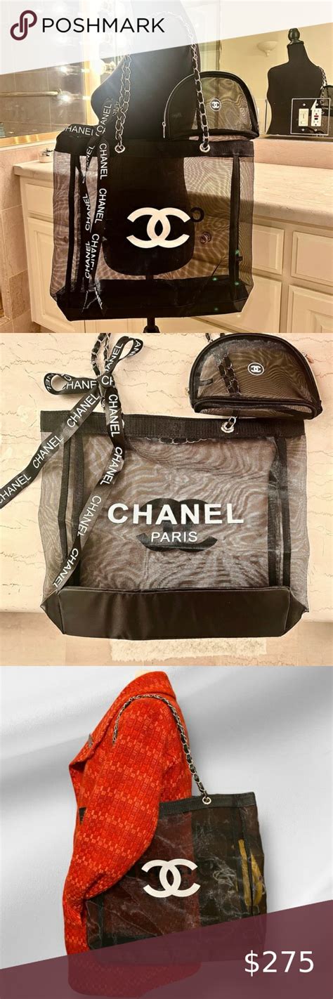 Firm Nwot Chanel Vip Black Mesh Bagbeach Tote Shopper Beauty Line