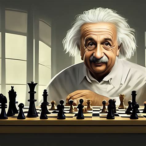 Albert Einstein Playing Chess By Himself Fantasy Illustration Dark