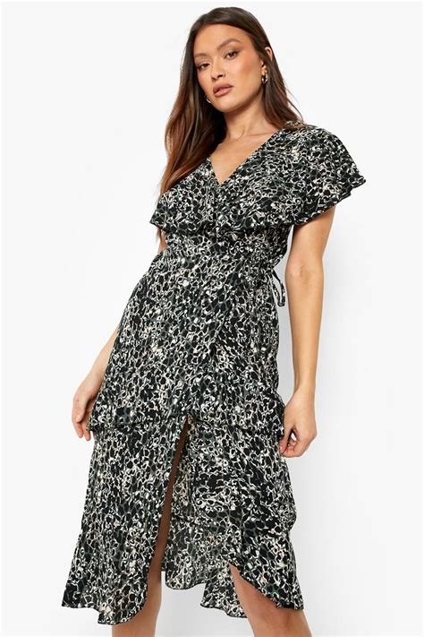 Long Sleeve Ruffle Wrap Midi Tea Dress Boohoo