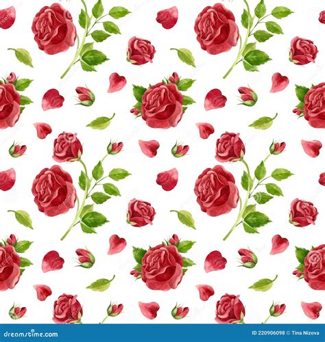 Red Roses Seamless Pattern Watercolor Clipart Stock Illustration