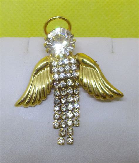 Vintage Moving Rhinestone Angel Brooch Gold Tone Metal Etsy