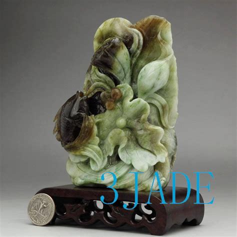 Hand Carved Natural Dushan Jade Stone Lotus Koi Fish Statue 3jade